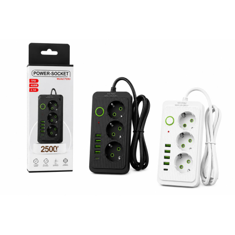 Мережевий фільтр-подовжувач POWER SOCKET F09U, 5 м, 3 розетки + 4 USB + Type-C, з вимикачем